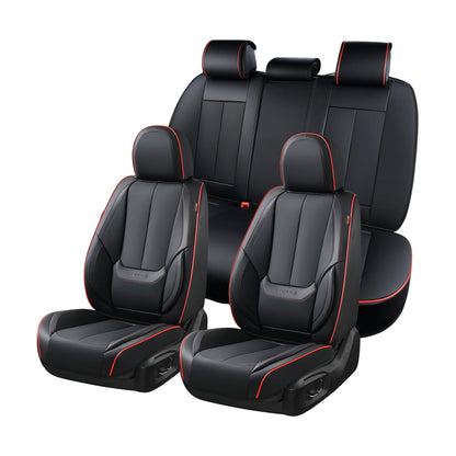Coverado Juego Completo de Fundas de Asiento de Coche, Fundas de Asiento para Coches, Protector de Asiento de Coche Negro, Impermeable, cojín de Piel de Nappa, Fundas de Asiento de Coche, Asientos - 8805BlackRedLine - FullSet