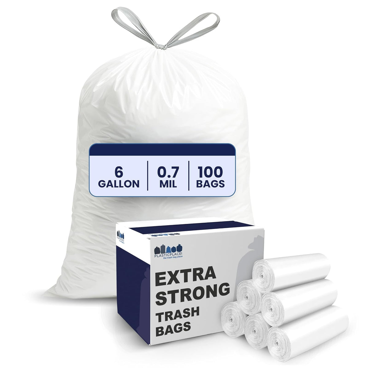 Plasticplace Bolsas de basura de 6 galones, 0.7 mil, forros blancos para cubos de basura con cordón, 17 x 20 pulgadas (100 unidades)