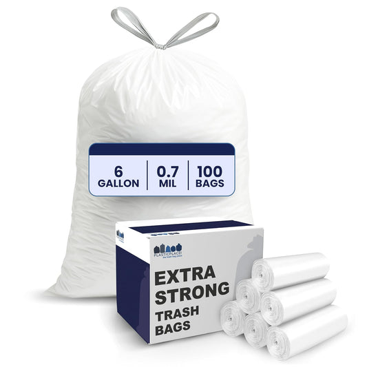 Plasticplace Bolsas de basura de 6 galones, 0.7 mil, forros blancos para cubos de basura con cordón, 17 x 20 pulgadas (100 unidades)