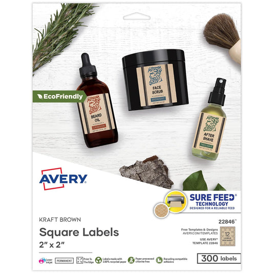 Avery - Etiquetas cuadradas de color café con tecnología Sure Feed, 2 x 2 pulgadas, impresión al borde, etiquetas imprimibles con láser/inyección de tinta, 300 en total (22846)