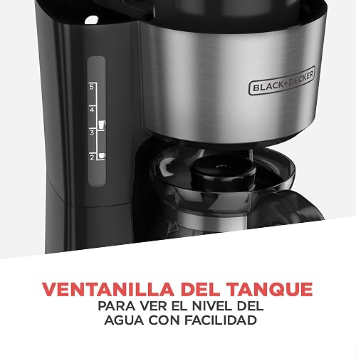 Black+Decker Cafetera 5 Tazas con Jarra de Vidiro y Vaso Personal, CM0755S | Termo de acero inoxidable, filtro permanente y cesta removible, compatible con goteador para café filtrado a mano