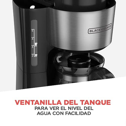 Black+Decker Cafetera 5 Tazas con Jarra de Vidiro y Vaso Personal, CM0755S | Termo de acero inoxidable, filtro permanente y cesta removible, compatible con goteador para café filtrado a mano