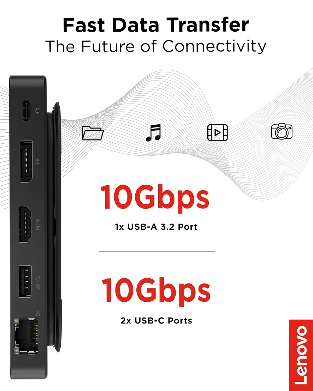 Lenovo USB-C Dual Display Travel Dock con Adaptador de Corriente de 100 W, 7 Puertos, Cable USB-C Integrado, compatibilidad Universal, Pantallas Dobles a 4K, Negro