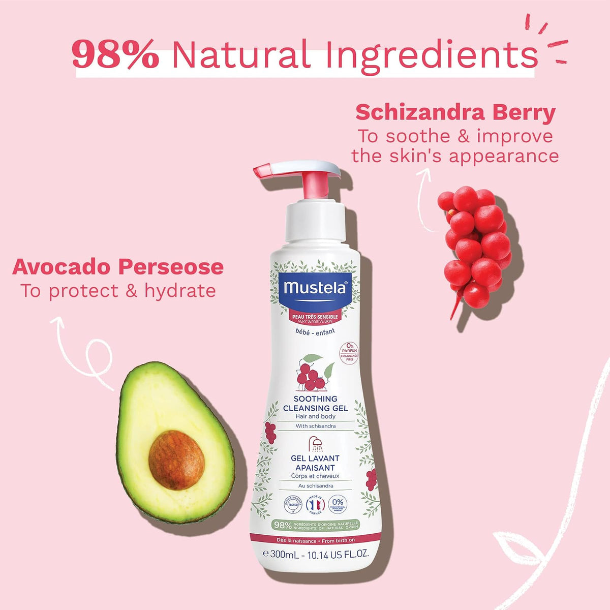 Mustela Baby Gel limpiador calmante - Gel de baño para cabello y cuerpo sin fragancia para pieles muy sensibles - con aguacate perséose natural y baya de Schizandra - 10.14 fl. onz.