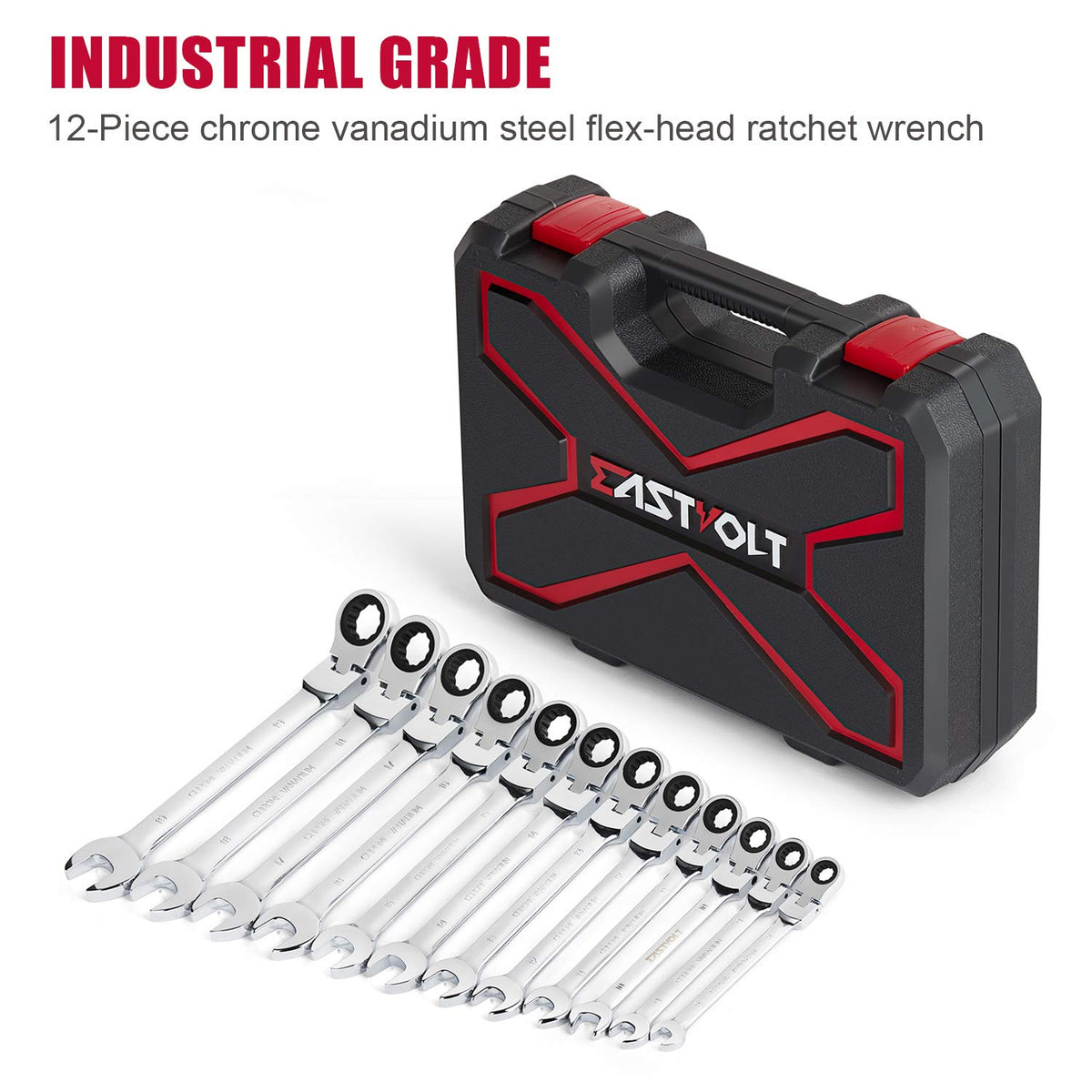 Eastvolt EVHT1201 - Juego de llaves de trinquete de cabeza flexible, métricas de 8 mm a 19 mm, kits de llaves combinadas de acero al cromo vanadio con caja de herramientas, juego de 12 piezas