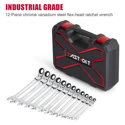 Eastvolt EVHT1201 - Juego de llaves de trinquete de cabeza flexible, métricas de 8 mm a 19 mm, kits de llaves combinadas de acero al cromo vanadio con caja de herramientas, juego de 12 piezas