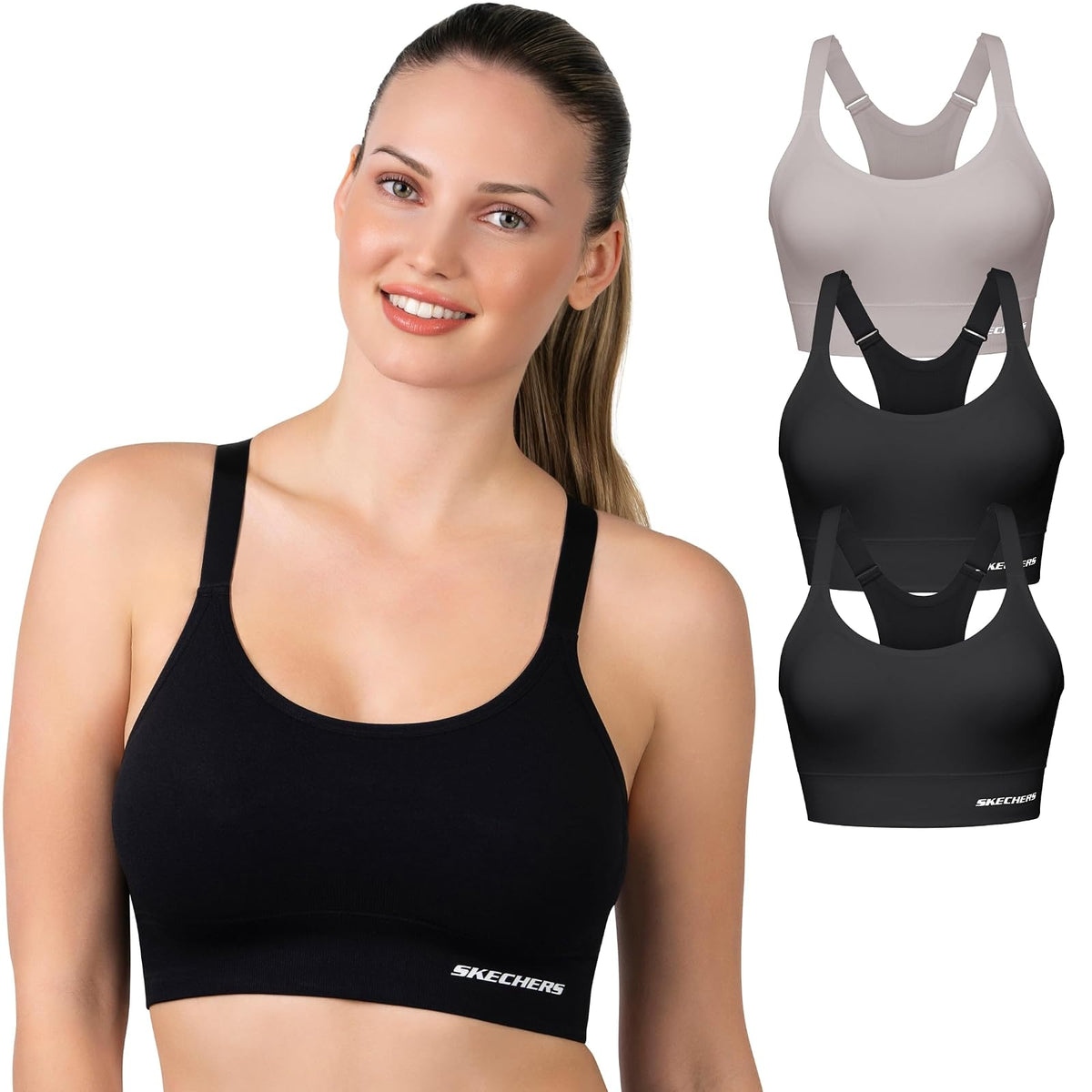Skechers brasier deportivo para mujer, paquete de 3 - CH - Negro - Negro - Ceniza