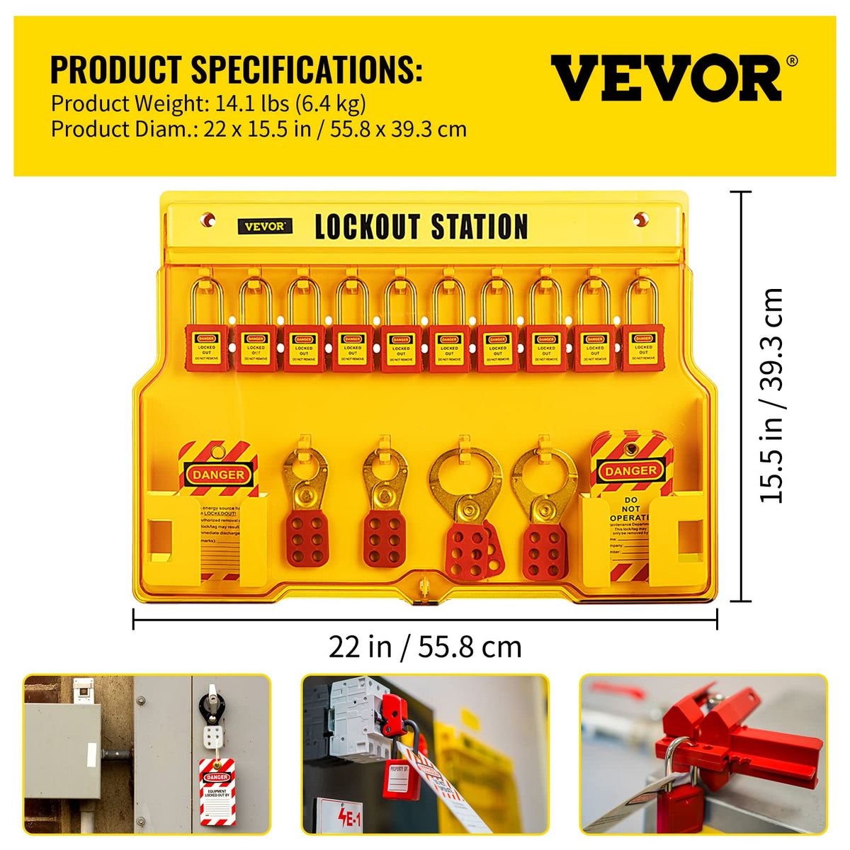 VEVOR Kit de Candado de Seguridad 58 PCS Kit de Bloqueo y Etiquetado 14 Candados Cerraduras de bloqueo y etiquetado 39,37x55,88 cm con Cerrojos de 6 Orificios para Maquinaria, Equipos Eléctricos
