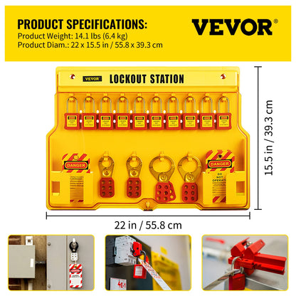 VEVOR Kit de Candado de Seguridad 58 PCS Kit de Bloqueo y Etiquetado 14 Candados Cerraduras de bloqueo y etiquetado 39,37x55,88 cm con Cerrojos de 6 Orificios para Maquinaria, Equipos Eléctricos