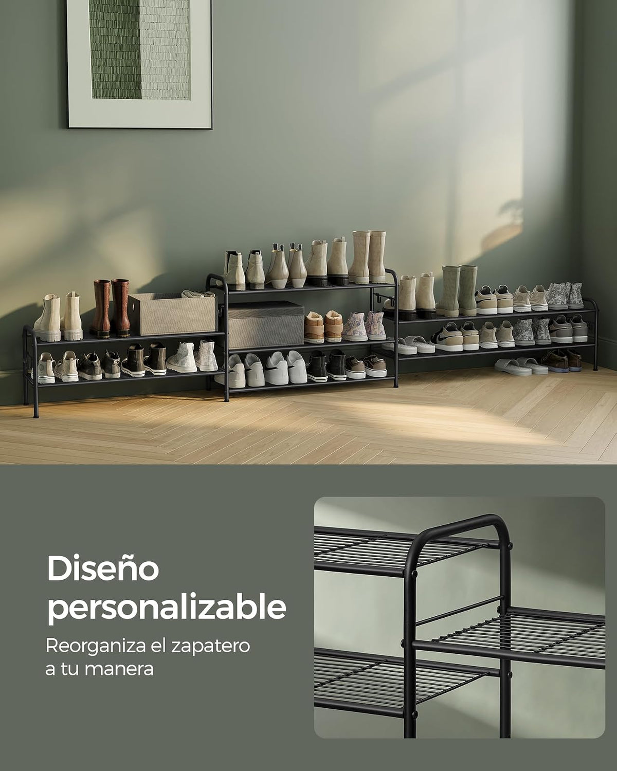 SONGMICS Zapatero, Organizador Zapatos de 2 Niveles, Estante Metálico, con 4 Ganchos, para 10 Pares, Altura Ajustable, Negro Tinta MLMR128B01