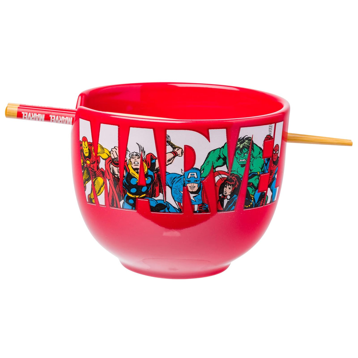 Silver Buffalo Tazón de Cerámica para Ramen con Palillos y Cuchara, 592 ml - Personajes retro de Marvel Comics
