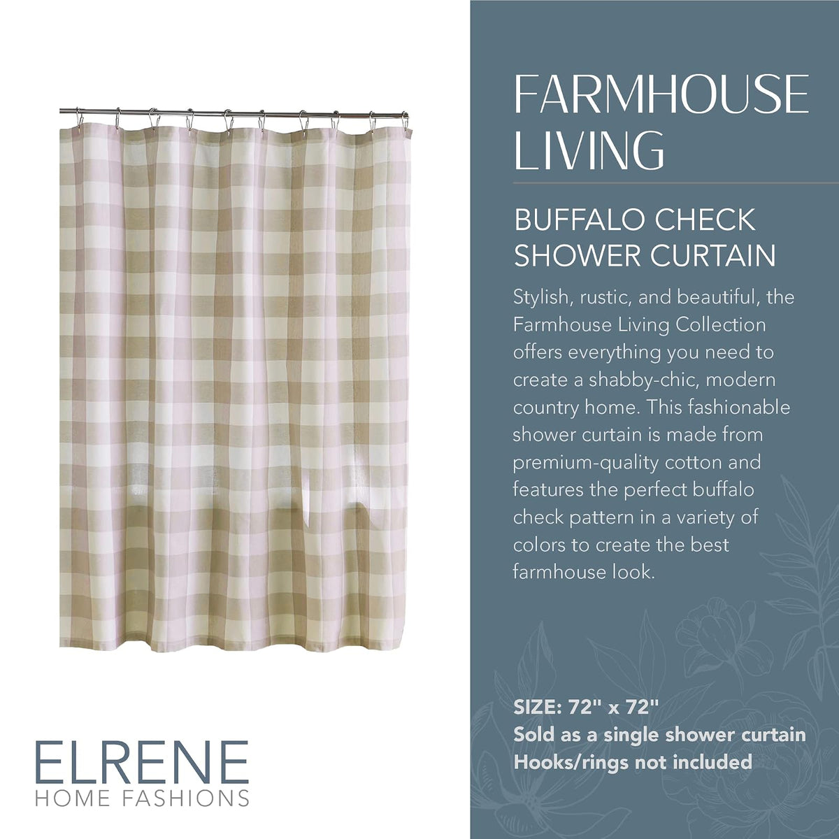 Elrene Home Fashions Cortina de Ducha a Cuadros de búfalo, Bronceado y Blanco., 72" x72", 1