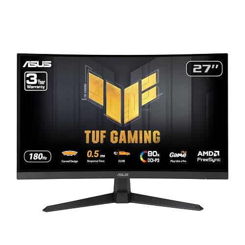 ASUS TUF Gaming VG27WQ3B Monitor 27 Pulgadas QHD 180Hz Curvo para PC Gamer | 27", VA curvo 1500R, QHD 2560x1440, 180Hz, 1ms, FreeSync, HDR10, 90% DCI-P3, ELMB, Shadow Boost, altavoces integrados