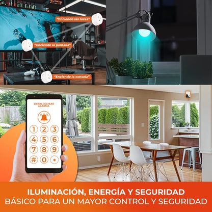Tecnolite Connect - Kit de Control Básico que Contiene 1 Cámara de Monitoreo Interior, 2 Focos LED Inteligentes, 2 Enchufes Inteligentes, Todos en Color Blanco Compatible con App. Iluminación Interior