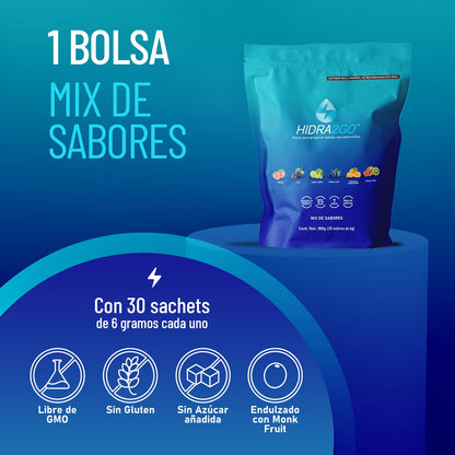 Hidra2go, Electrolitos Sin Azucar, Con Vitamina C, Complejo B, Magnesio Y Potasio, Bolsa Con 30 Sobres, Sabores Mixtos