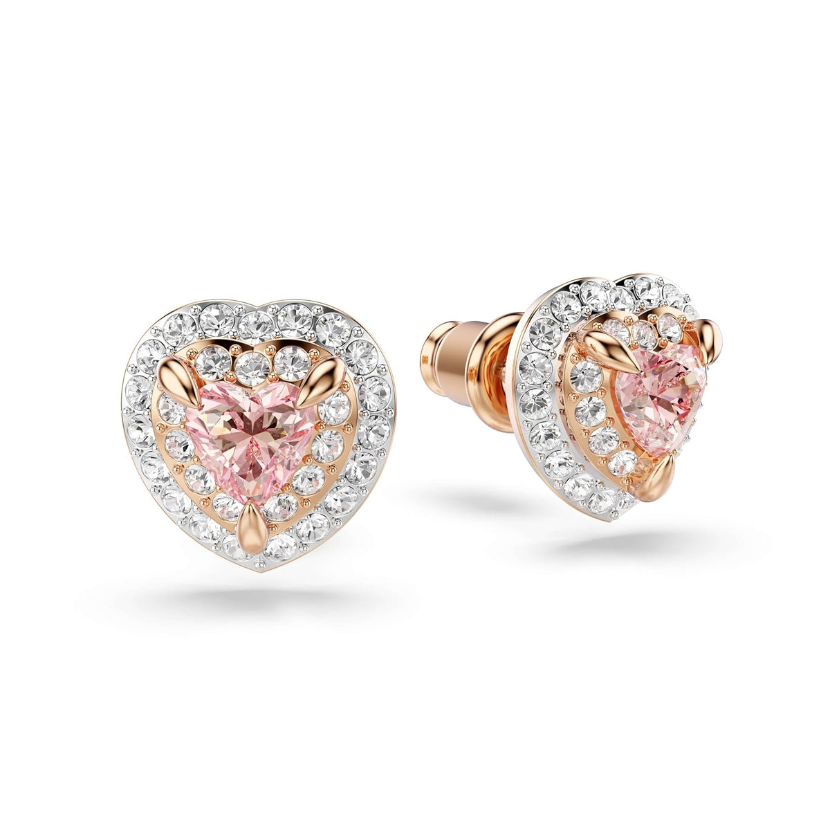 arete Swarovski One con forma de corazón, pavé, corazón, rosa, acabado de metal mixto