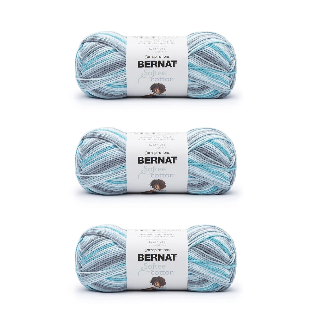 Bernat Softee - Hilo de algodón de ondas azules, paquete de 3 unidades de 120 g, nailon - 3 DK (ligero) - 254 yardas - Tejer, ganchillo y manualidades