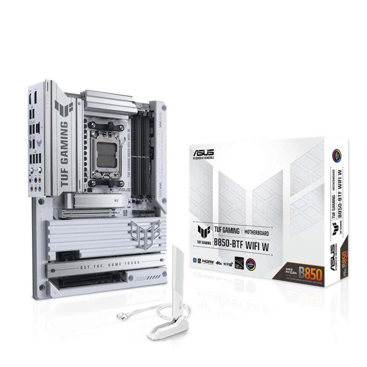 ASUS TUF Gaming B850-BTF WiFi W Tarjeta Madre AMD Blanca para Gaming | AM5, ATX, AMD B850, DDR5, PCIe 5.0 x16, 3 M.2, WiFi 7, LAN 2.5Gb, USB-C 20Gbps, diseño BTF blanco, Aura Sync