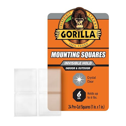 Gorilla Tough & Clear - Cuadros de cinta de doble cara, 24 cuadrados de montaje precortados de 1 pulgada, transparentes, (paquete de 1)