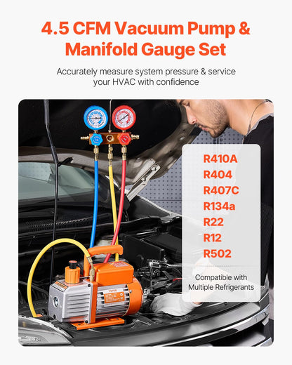 VEVOR 4.5 CFM AC Vacuum Pump and Gauge Set, Single Stage Rotary Vane HVAC Air Vacuum Pump, A/C Refrigerant Manifold Gauge Kit, with Leak Detector Hoses, for R134a, R12, R22, R502a, R410A, R404, R407C