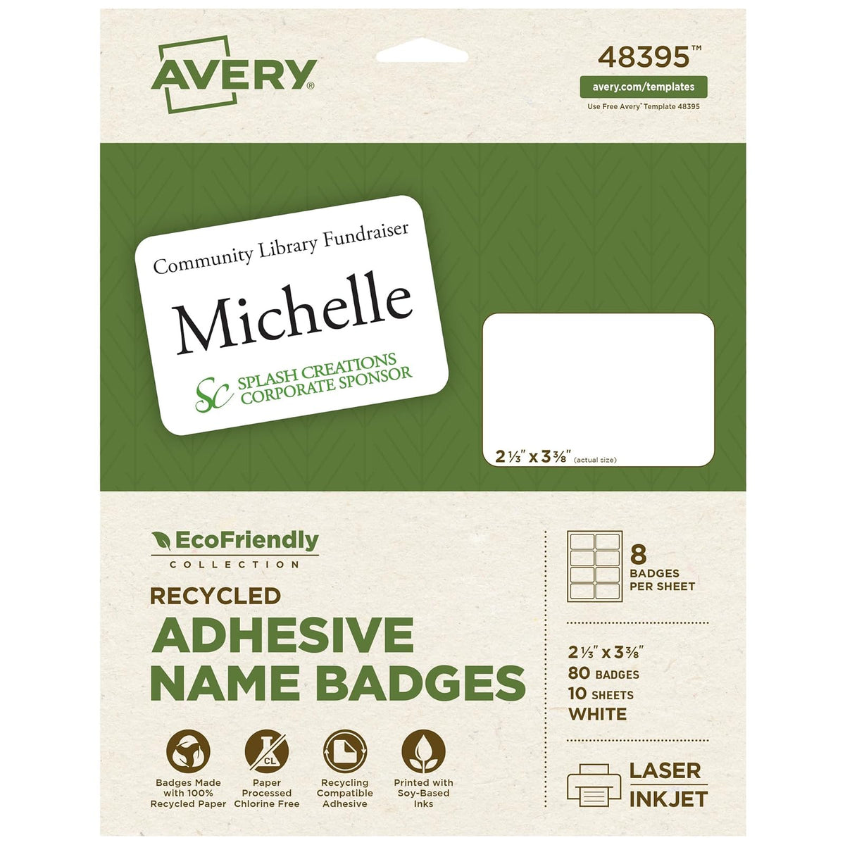 Avery 48395 - Etiquetas de identificación ecológicas para impresoras láser y de inyección de tinta, 2.333 x 3.375 pulgadas, color blanco, permanentes, 80 unidades