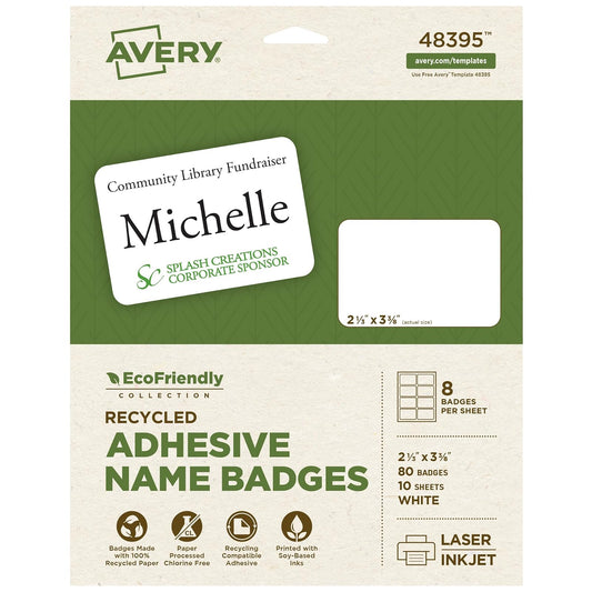 Avery 48395 - Etiquetas de identificación ecológicas para impresoras láser y de inyección de tinta, 2.333 x 3.375 pulgadas, color blanco, permanentes, 80 unidades
