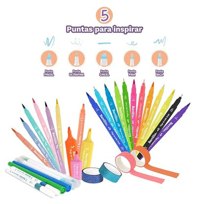 Barrilito Kit de Lettering con 5 Puntas Diferentes, Cuadernillo de Práctica y Cintas Washi