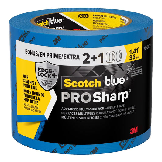 ScotchBlue PROSharp Cinta de pintor de 1.5 pulgadas de ancho (1.4 pulgadas x 60 yardas) 3 rollos de cinta azul que protege las superficies y se quita fácilmente, cinta de bloqueo de bordes para uso en