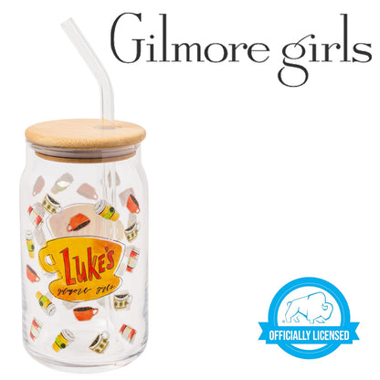 Silver Buffalo Gilmore Girls Luke's Diner - Vaso de vidrio con tapa de bambú y popote de vidrio, 16 onzas