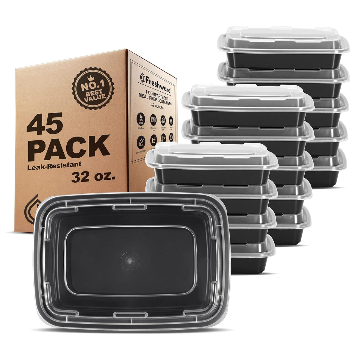 Freshware Recipientes para Preparación de Comidas, Herméticos - 1 compartimento, paquete de 45, 32 onzas