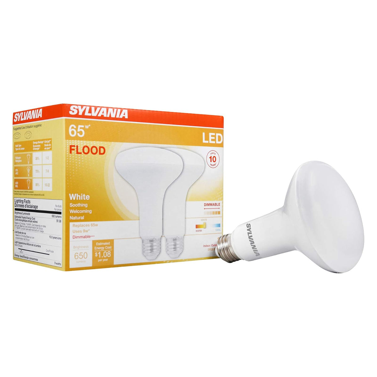 SYLVANIA - foco LED de inundación, equivalente a 65 W BR30, eficiente 8 W *, 10 años, regulable, acabado esmerilado, 650 lúmenes, blanco (40337), 2 unidades (paquete de 1)