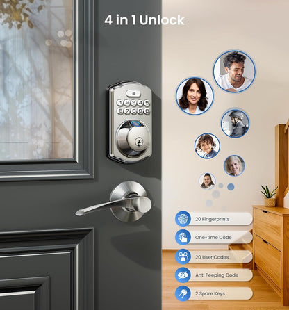 Veise KS02A - Cerradura de puerta de entrada sin llave de huellas dactilares, bloqueo automático, cerrojo electrónico para puerta delantera, biométrico, contraseña antipeeping, fácil instalación
