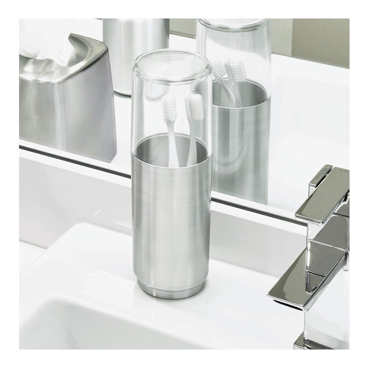 iDesign Austin Metal Covered Holder Stand, Holds Regular and Electric Toothbrushes in Master, Guest, Kid's, College Dorm Bathroom, Brushed