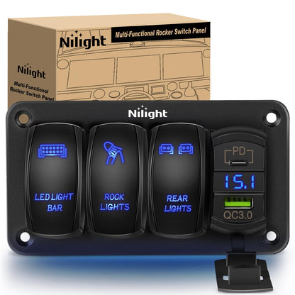 Nilight - Interruptor basculante de 3 bandas de aluminio, 12 V, 24 V, panel de palanca láser, color azul PD tipo C, voltímetro de cargador USB, barra de luz LED, luces traseras, para coche, camión, - Tipo C + USB Azul
