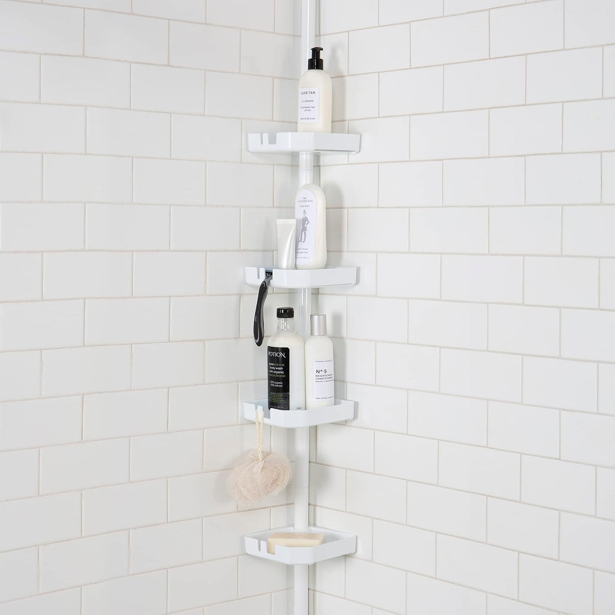 Bath Bliss, Good 4 Niveles de tensiones en Las Esquinas, estantes Ajustables de 48 a 101 Pulgadas, Organizador de baño para Tina y Ducha, Capacidad para Botellas Grandes, jabón, champú, paños Mate,