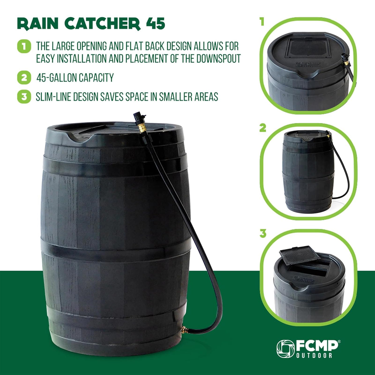 FCMP RC45-BLK - Barril de lluvia para exteriores (45 galones), barril de agua con parte trasera plana para regar plantas al aire última intervensión, jardines y paisajes, color negro