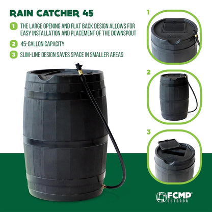 FCMP RC45-BLK - Barril de lluvia para exteriores (45 galones), barril de agua con parte trasera plana para regar plantas al aire última intervensión, jardines y paisajes, color negro