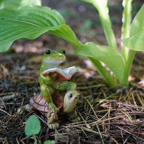 Top Collection Miniature Fairy Garden & Terrarium Frog Reading Book on Turtle Statue, Small