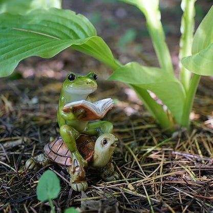 Top Collection Miniature Fairy Garden & Terrarium Frog Reading Book on Turtle Statue, Small