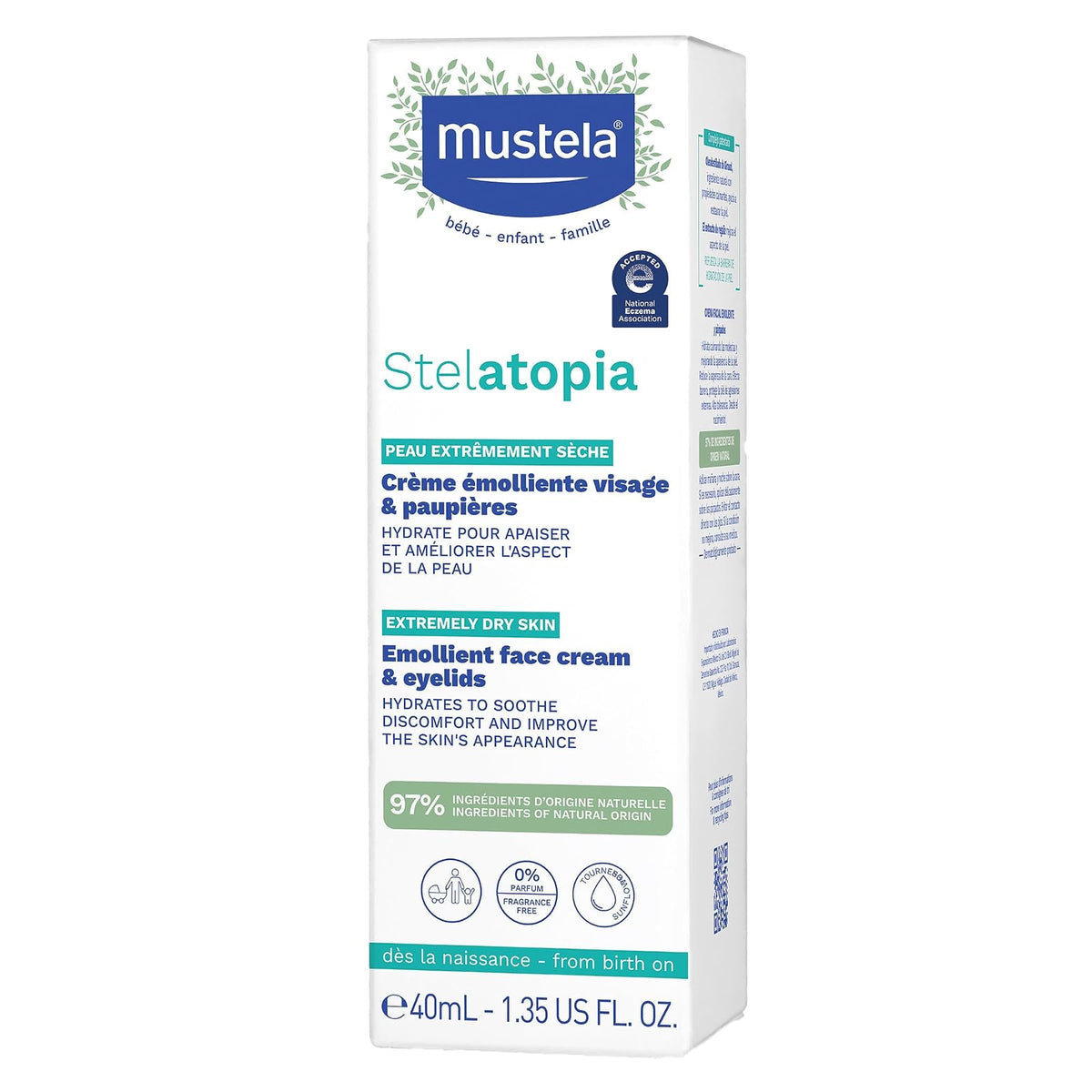 Mustela Stelatopia Emollient Face Cream, for Eczema-Prone Baby Skin, Fragrance-Free, with Natural Avocado Perseose and Ceramides, 1.35 Ounce