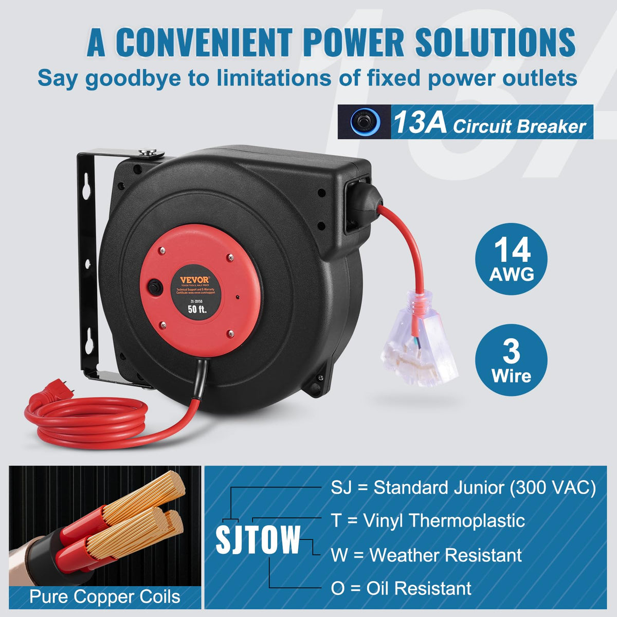 VEVOR Carrete de Cable de Extensión Retráctil, 15 m, Resistente, 14 AWG/3C SJTOW, con Toma de Corriente Triple Iluminada, Disyuntor de 13 A, Soporte Giratorio de 180° para Montaje en Techo o Pared