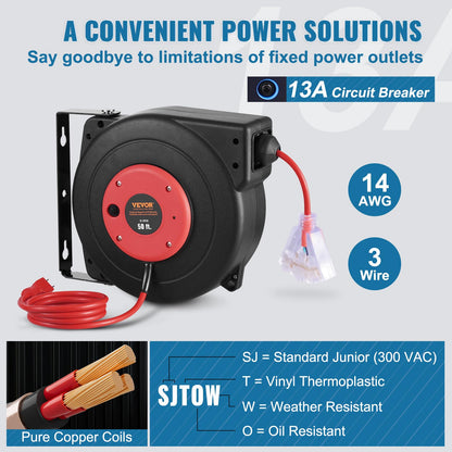 VEVOR Carrete de Cable de Extensión Retráctil, 15 m, Resistente, 14 AWG/3C SJTOW, con Toma de Corriente Triple Iluminada, Disyuntor de 13 A, Soporte Giratorio de 180° para Montaje en Techo o Pared
