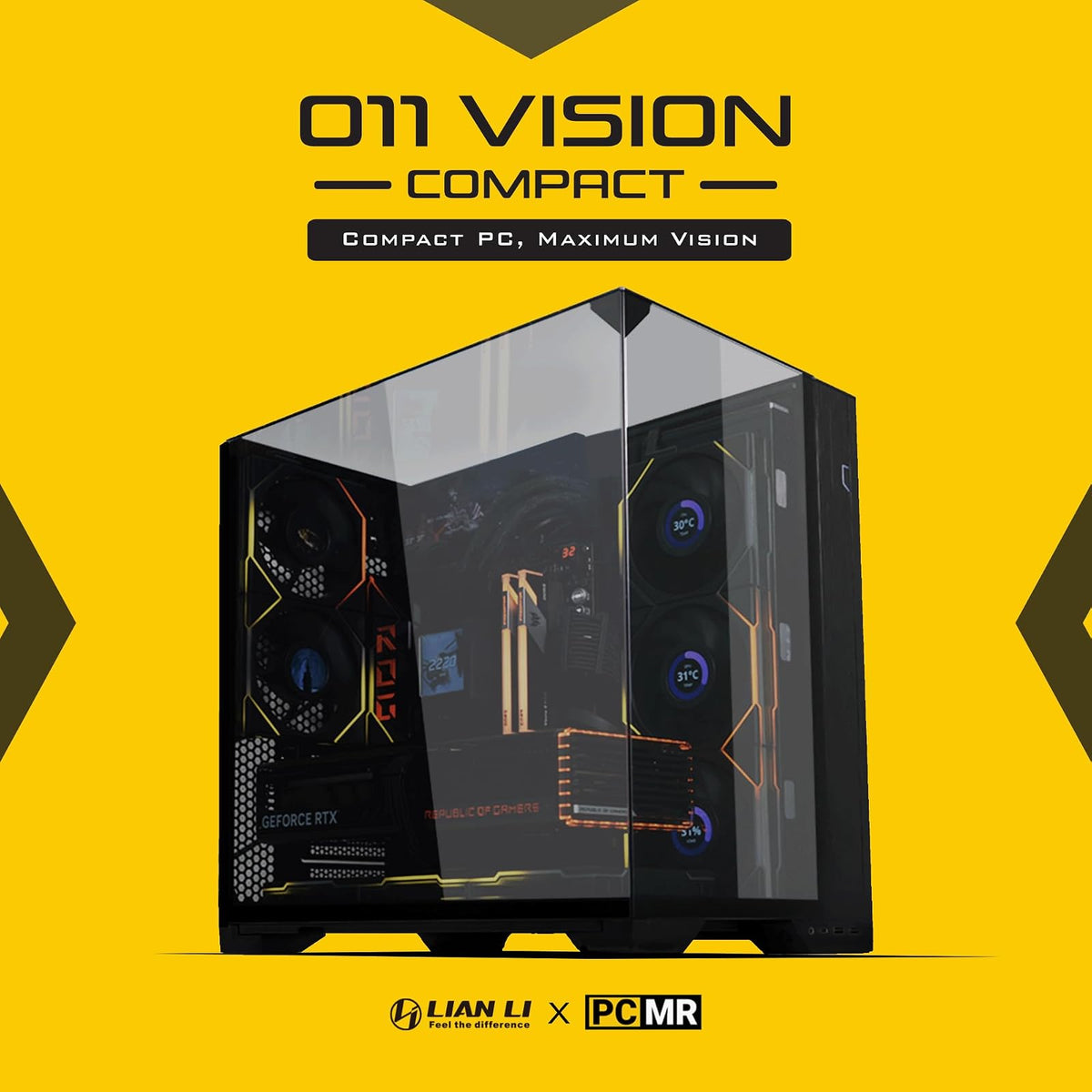 Lian LI O11 Vision Compact Black – ATX/EATX Mesh Crystal Pro Gaming Case | Acero, vidrio templado, soporte de conexión trasera, O11VPX