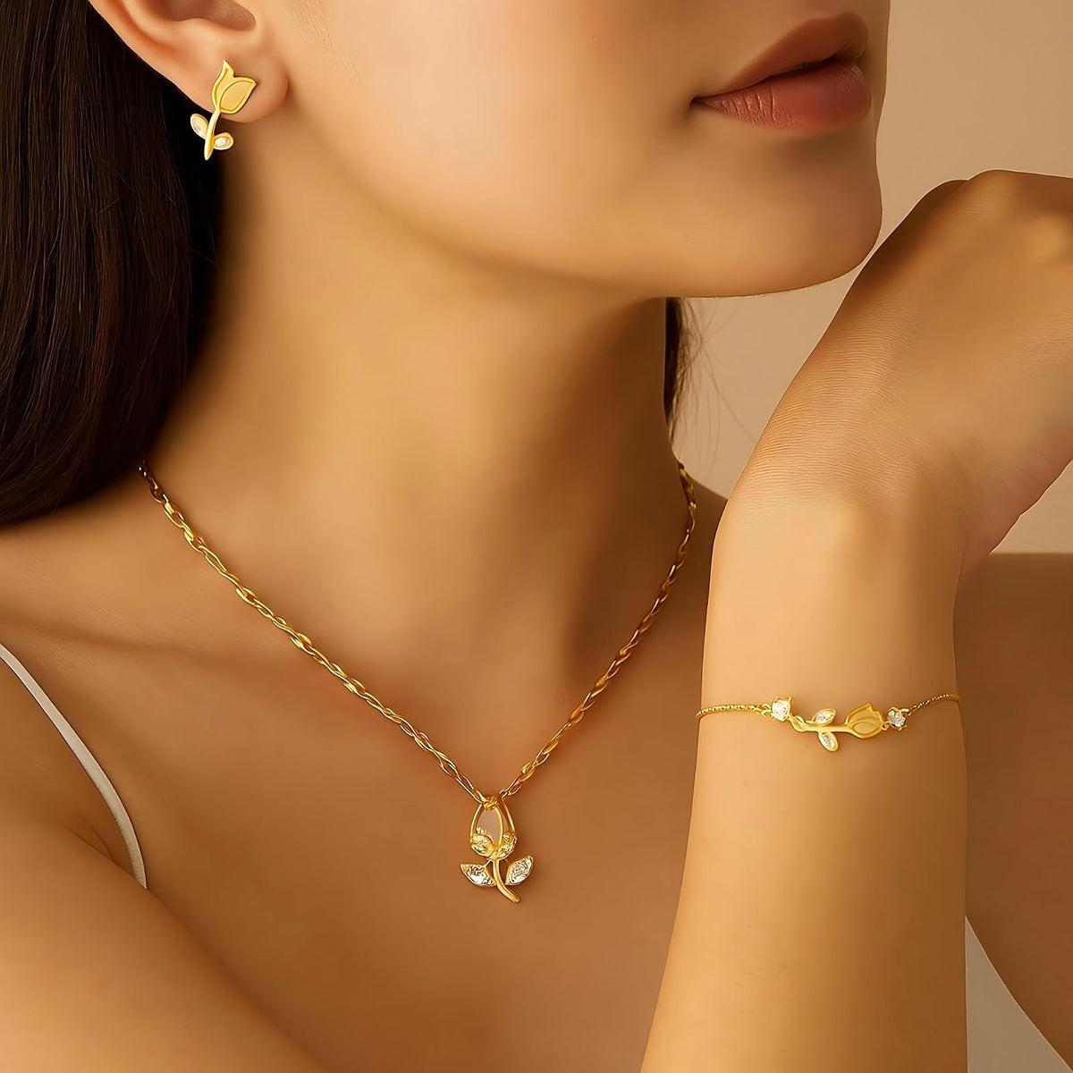 XYPHIELLE Juego de 3 Piezas de Tulipán para Mujer: Collar con Dije, Pulsera y Aretes Bañado en Oro - Joyería Elegante Versátil