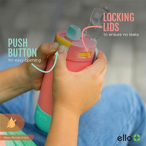Ello Kids Colby Botella de agua aislada de acero inoxidable de 12 onzas con popote y posavasos de silicona integrados, asa de transporte y tapa de bloqueo a prueba de fugas para mochila escolar,