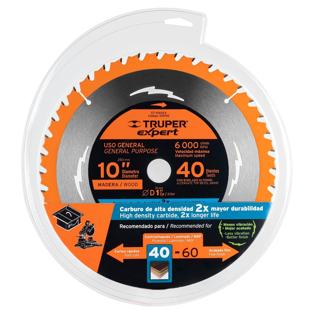 Truper Expert ST-1040EX, Disco sierra 10" para madera 40 dientes centro 1"