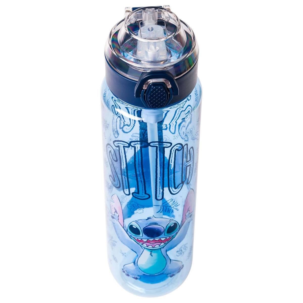 Silver Buffalo Disney Lilo and Stitch Botella de agua de plástico con tapa de bloqueo, correa y popote, 32 onzas