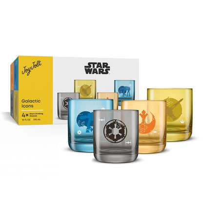JoyJolt Star Wars Galactic Icons Juego de 4 vasos cortos para beber de 10 onzas, juego de vasos de vidrio de 10 onzas, juego de vasos de cocina, cristalería coleccionable de colores, regalos de Star