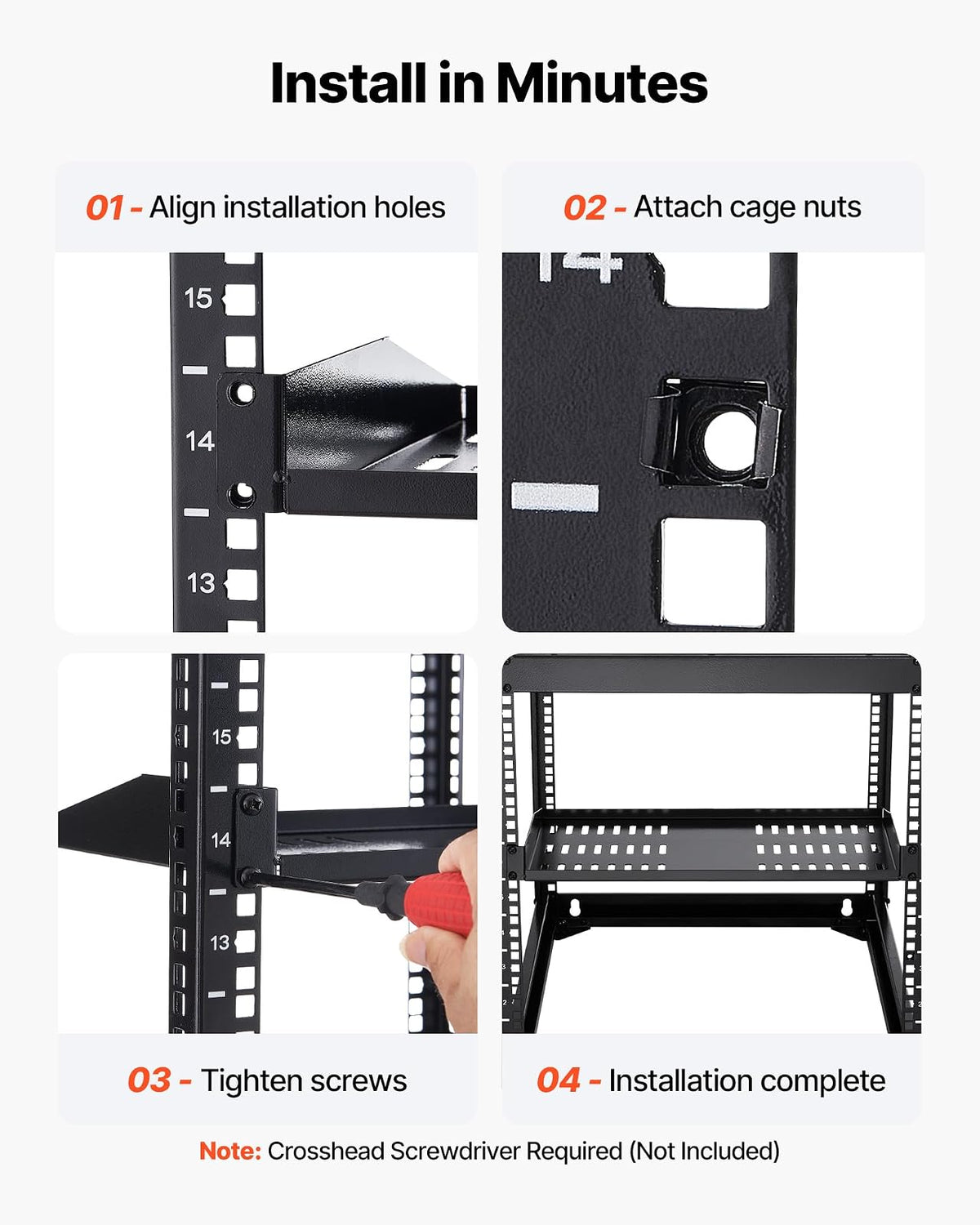 VEVOR Estante para Rack de Servidor de 1U, 4 Unidades, Capacidad de Carga Máxima de 22,68 kg, Ventilación en Voladizo, 25,4 cm de Profundidad, para Equipos de Red Informática con Gabinete de 48,26 cm
