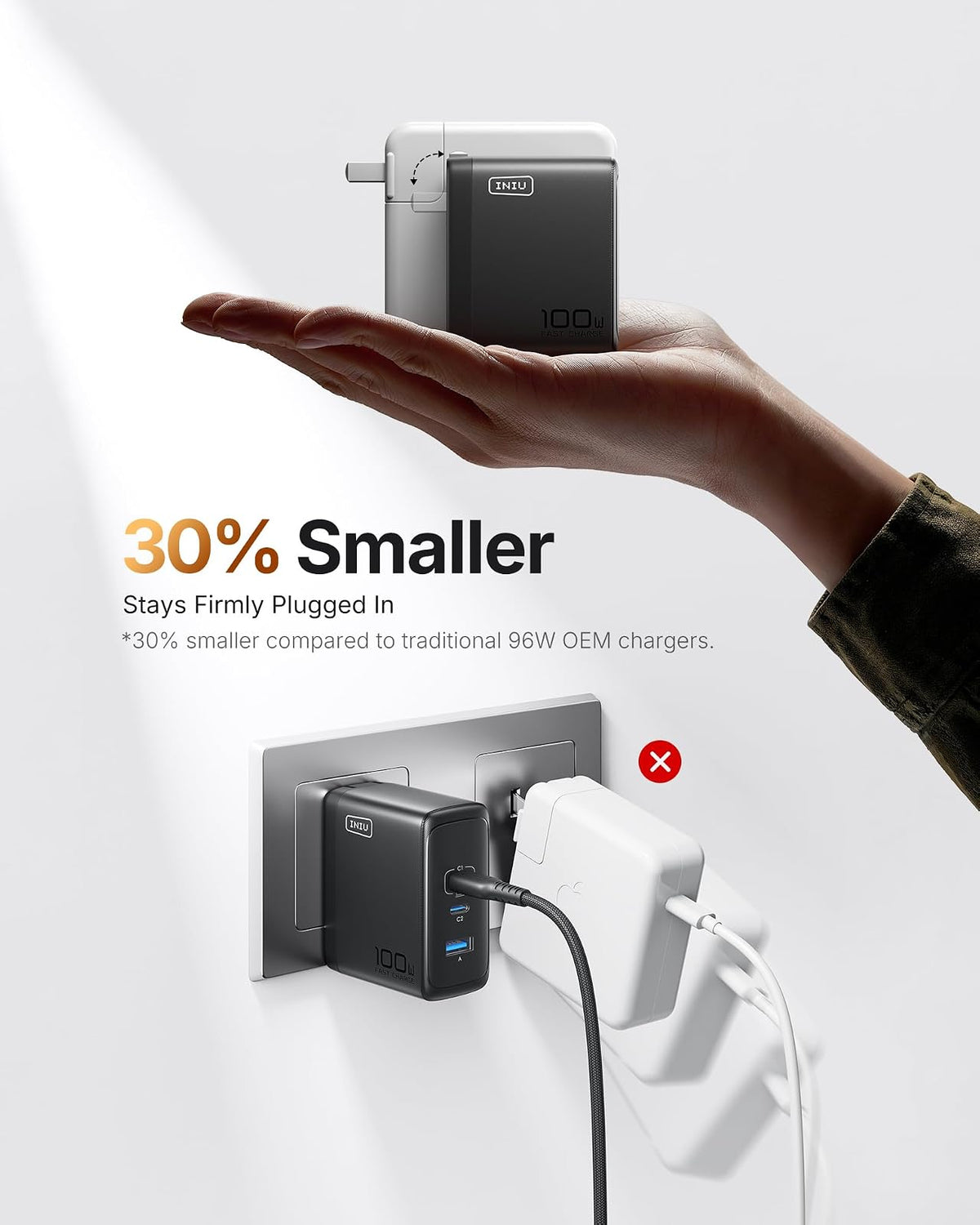 INIU 100W Cargador Tipo C, 3-Puertos Laptop Cargador Rápido con 1.5m Cable | 30% Más Pequeño, Plegable, Tecnología GaN, Cargador de Viaje para MacBook Pro, iPad, iPhone 17 16, Samsung S26, Switch etc